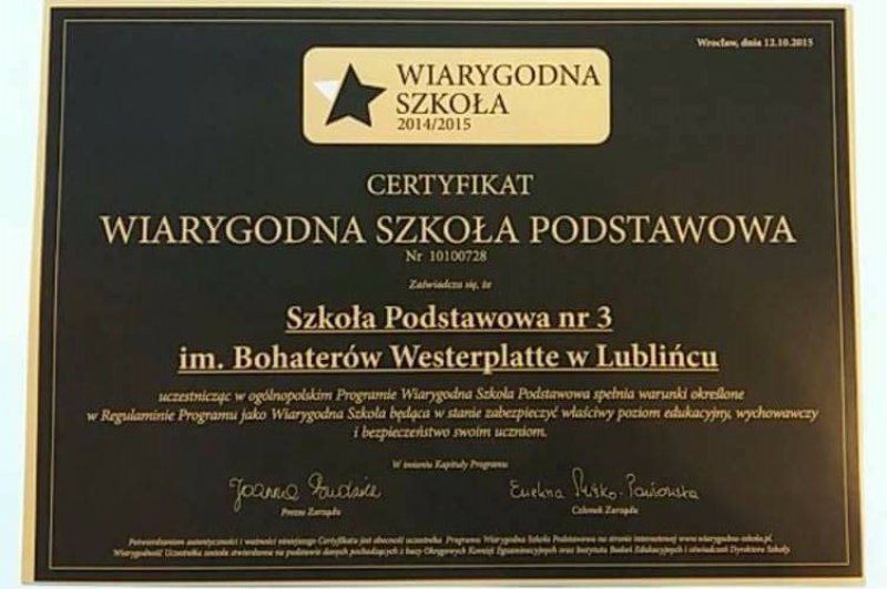 Certyfikat WIARYGODNA SZKOŁA